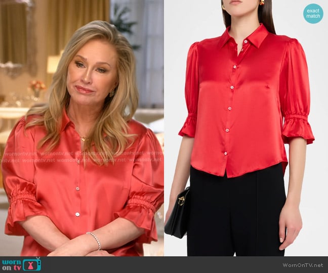Cinq a Sept Fiona Silk Satin Short-Sleeve Top worn by Kathy Hilton on The Real Housewives of Beverly Hills