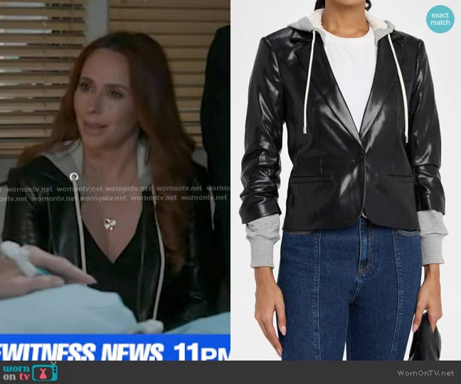 Cinq a Sept Hooded Vegan Leather Combo Blazer worn by Maddie Kendall (Jennifer Love Hewitt) on 9-1-1