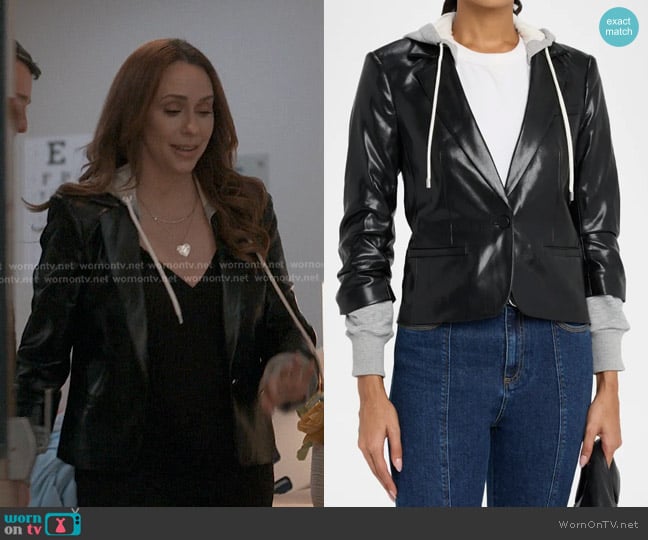 Cinq a Sept Hooded Vegan Leather Combo Blazer worn by Maddie Kendall (Jennifer Love Hewitt) on 9-1-1
