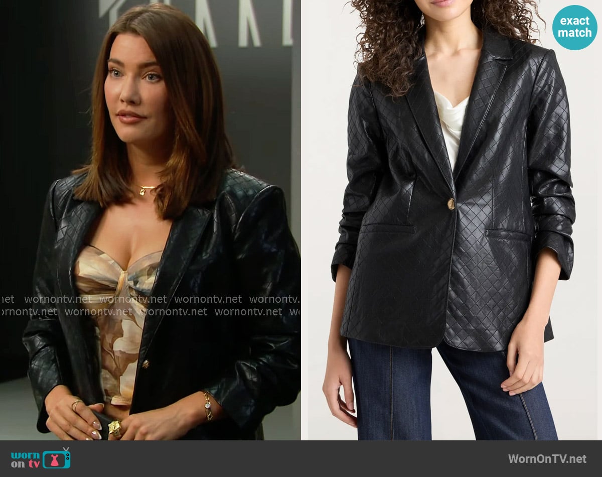 Cinq a Sept Khloe Quilted Faux Leather Blazer worn by Steffy Forrester (Jacqueline MacInnes Wood) on The Bold and the Beautiful