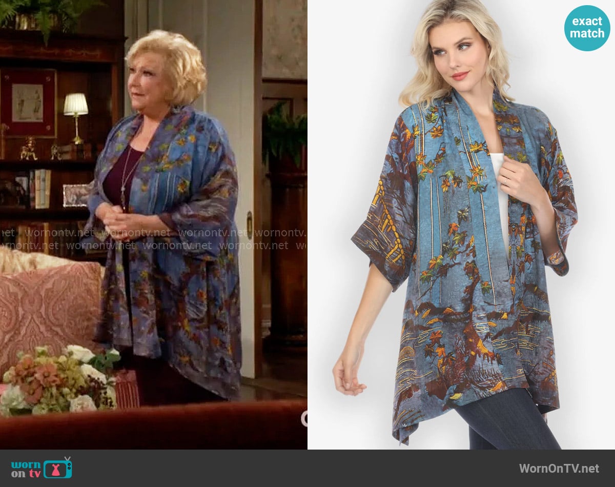 Citron Flowers Over Water Silk Blend Kimono Jacket worn by Traci Abbott (Beth Maitland) on The Young and the Restless