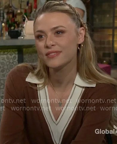 Claire's brown sweater with white trim on The Young and the Restless