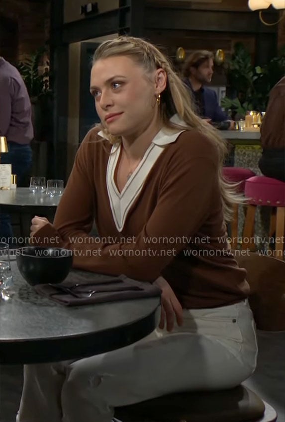Claire's brown sweater with white trim on The Young and the Restless