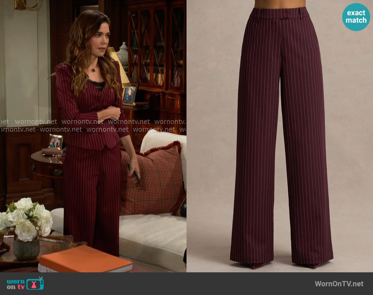 Club L Asteria Burgundy Pinstripe Wide-Leg Trousers worn by Victoria Newman (Amelia Heinle) on The Young and the Restless