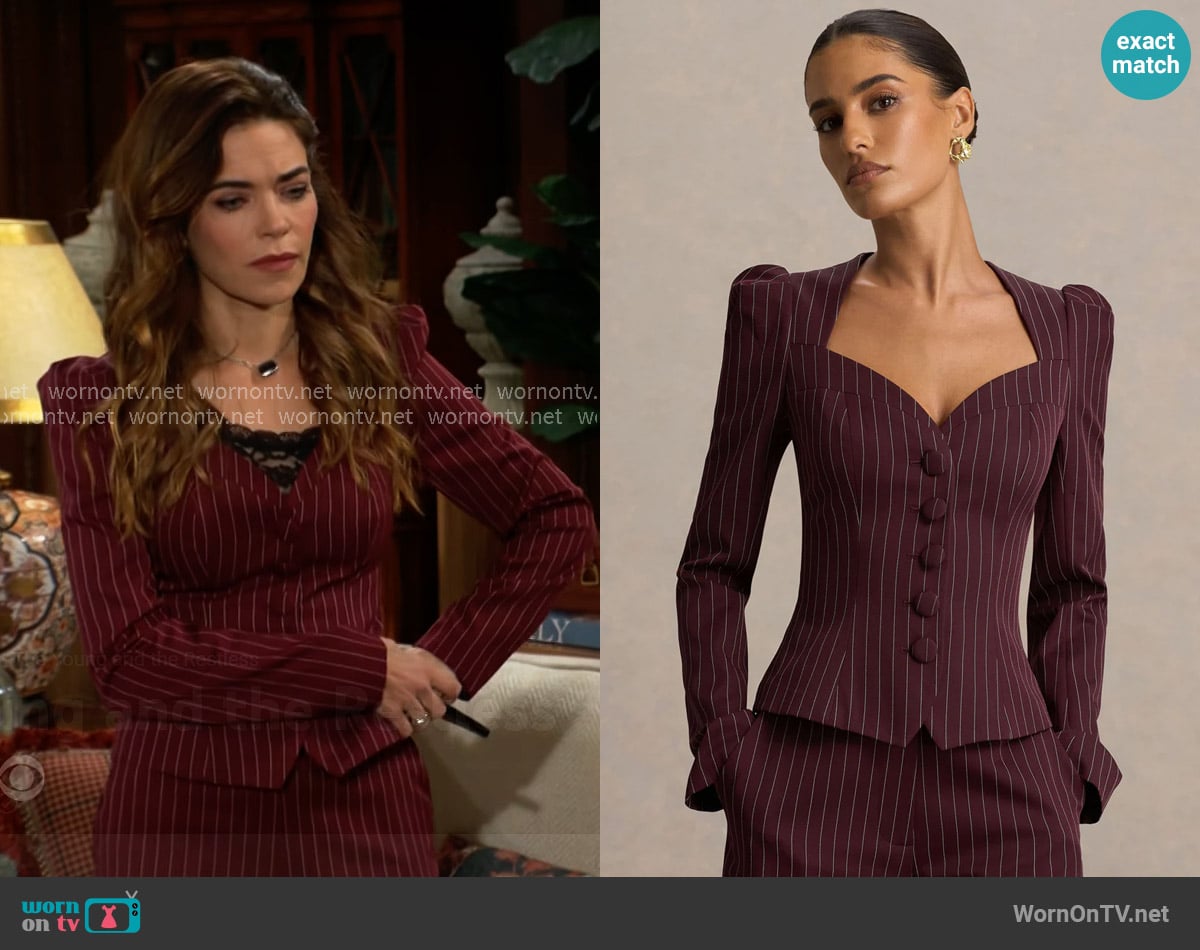 Club L Lana Burgundy Pinstripe Woven Sweetheart-Neck Tailored Top worn by Victoria Newman (Amelia Heinle) on The Young and the Restless