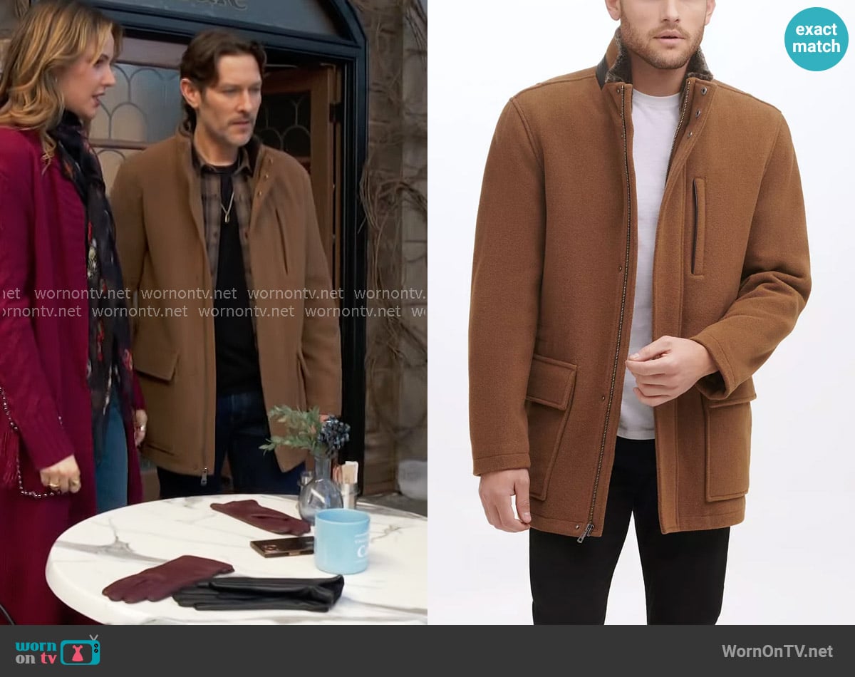 Cole Haan Wool Plush Car Coat in Camel worn by Daniel Romalotti (Michael Graziadei) on The Young and the Restless