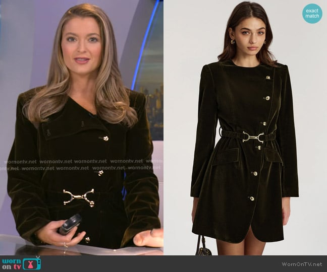 Commense Belted Asymmetric Button Velvet Long Blazer in Green worn by Dani Beckstrom on Good Morning America