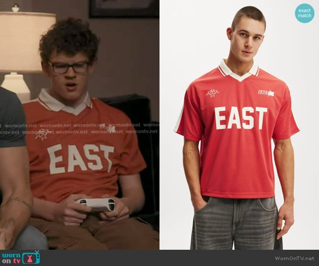 Cotton On Cropped Sports Jersey in soft red / creampuff 72 east worn by Christopher Diaz (Gavin McHugh) on 9-1-1