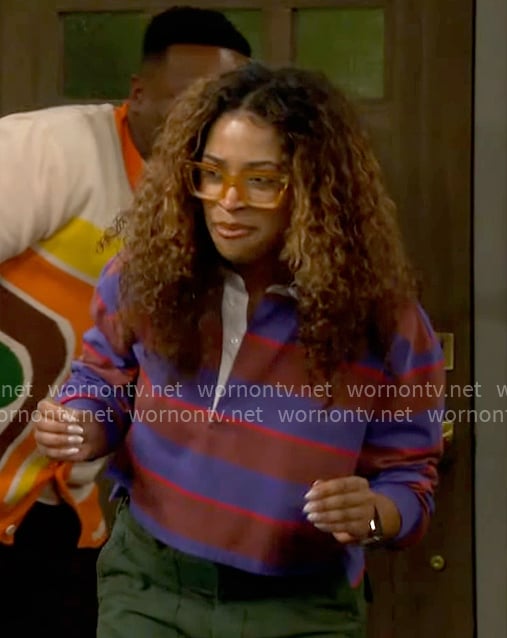 Courtney's purple and red striped rugby top on The Neighborhood