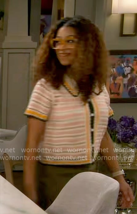 Courtney's striped crochet shirt on The Neighborhood