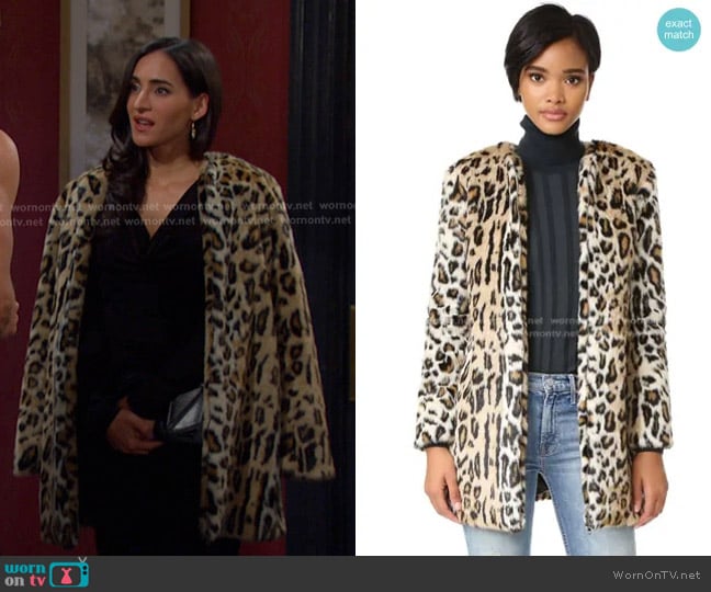 Cupcakes and Cashmere Faux Fur Leopard Coat worn by Gabi Hernandez (Cherie Jimenez) on Days of our Lives