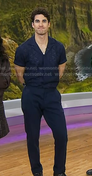 Darren Criss’s navy embroidered shirt and pants on Today
