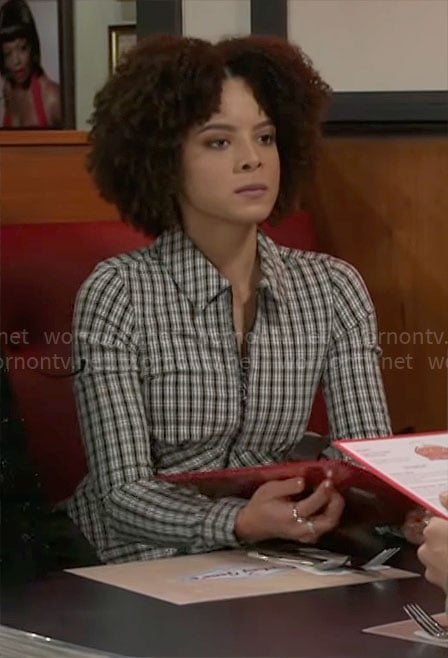 Deanna’s plaid zip front top on Beyond the Gates