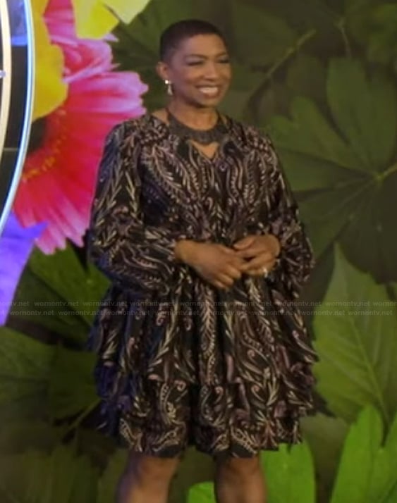 Deja Vu’s black printed dress on Live with Kelly and Mark