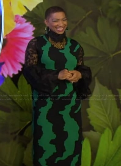 Deja Vu’s green abstract print dress on Live with Kelly and Mark