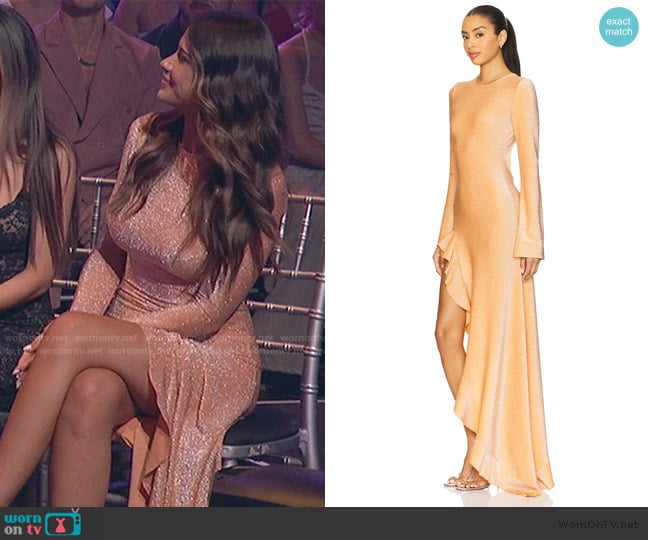 Demi’s orange ruffle hem metallic dress on SLOMW