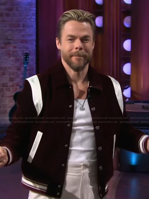 Derek Hough’s maroon stripe jacket on The Kelly Clarkson Show