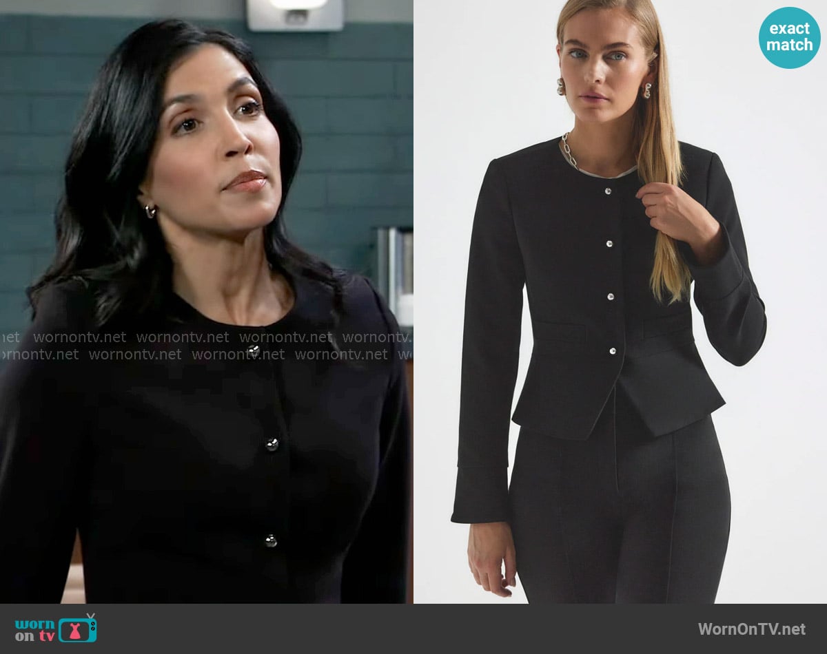 Justine’s black jacket with silver buttons on General Hospital