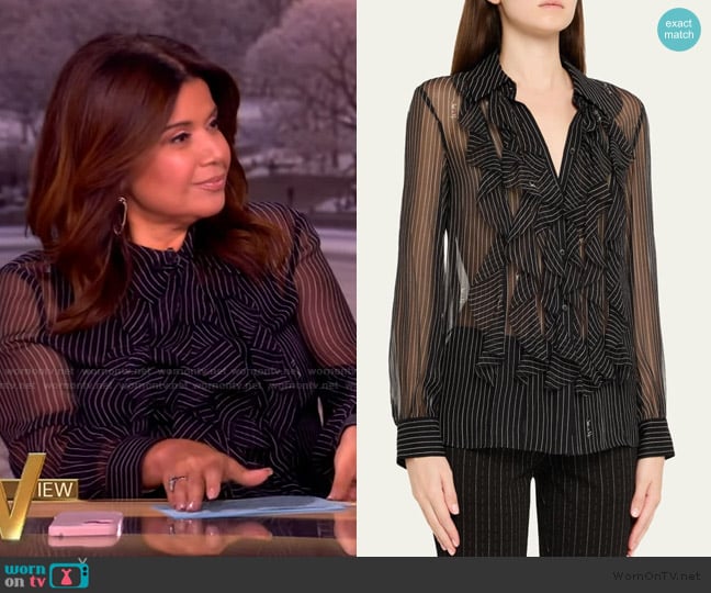 Diane von Furstenberg Eva Sheer Pinstripe Script Ruffle Blouse worn by Ana Navarro on The View