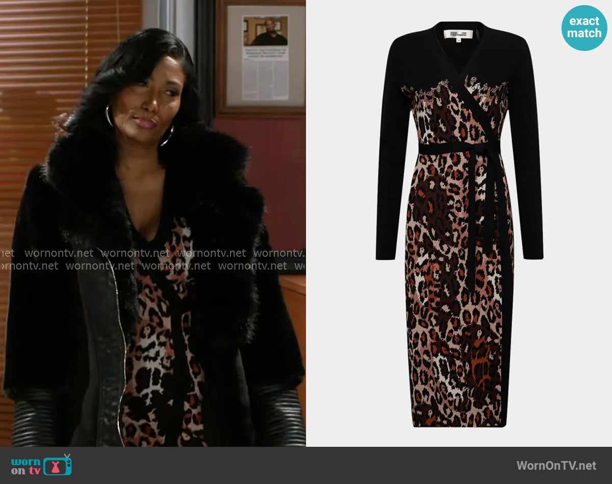 Diane von Furstenberg Savannah Animal Intarsia Midi Wrap Dress worn by Dana 'Leslie' Thomas (Trisha Mann-Grant) on Beyond the Gates