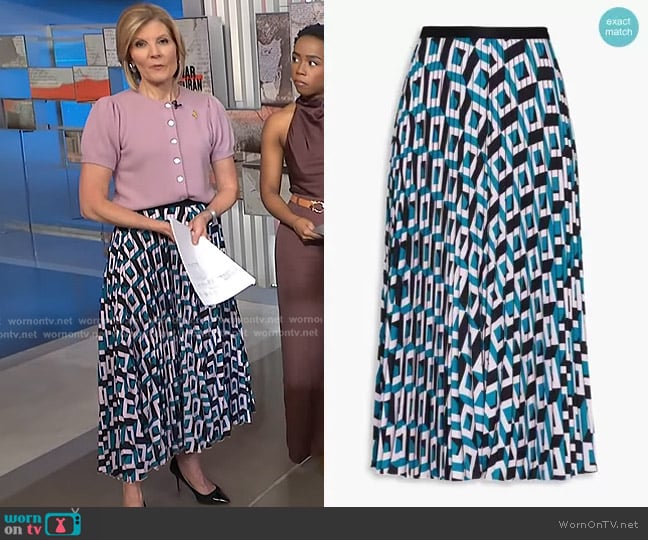 Diane von Furstenberg Saxon Pleated Printed Crepe Midi Skirt worn by Kate Snow on NBC News Daily