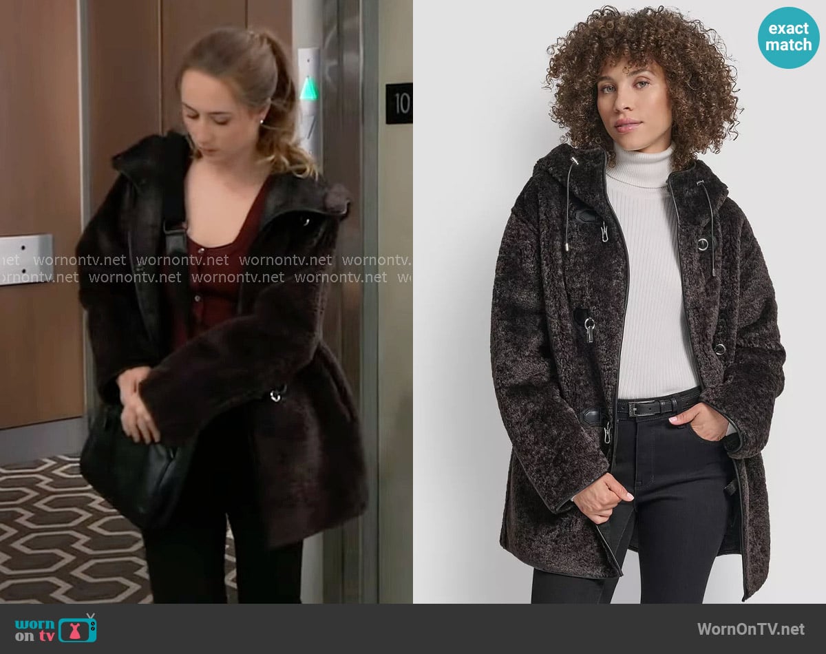 DKNY Shearling Hooded Toggle Coat in Bitter worn by Josslyn Jacks (Eden McCoy) on General Hospital