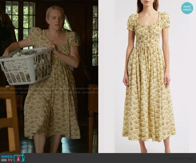 Doen Ashlynn Floral Organic Cotton Voile Midi Dress in Citron Rosier Floral worn by Mary (Elisabeth Moss) on Imperfect Women
