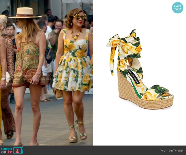 Dolce & Gabbana Floral Print Ankle Tie Wedge Sandal worn by Jennifer Tilly on The Real Housewives of Beverly Hills