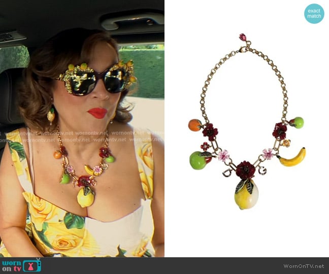 Dolce & Gabbana Gold Brass Sicily Fruits Roses Statement Necklace worn by Jennifer Tilly on The Real Housewives of Beverly Hills