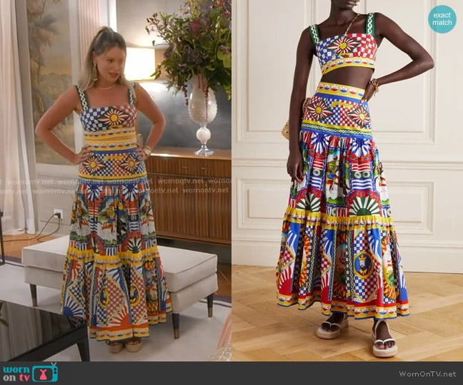 Dolce & Gabbana Maiolica Cropped Printed Cotton-poplin Top in blue worn by Amanda Frances on The Real Housewives of Beverly Hills