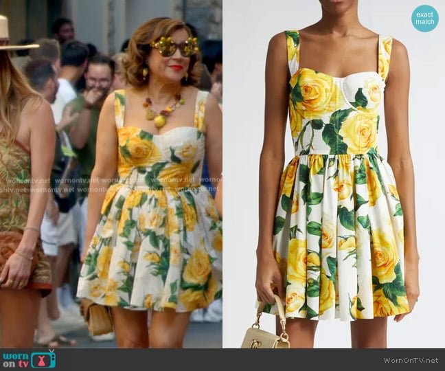 Dolce & Gabbana Rose Print Corset Bodice Minidress worn by Jennifer Tilly on The Real Housewives of Beverly Hills