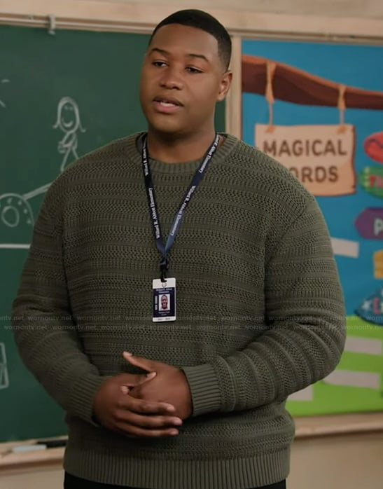 Dominic's green knit sweater on Abbott Elementary