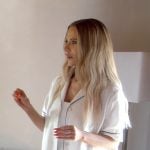 Dorit’s white back print shirt on The Real Housewives of Beverly Hills