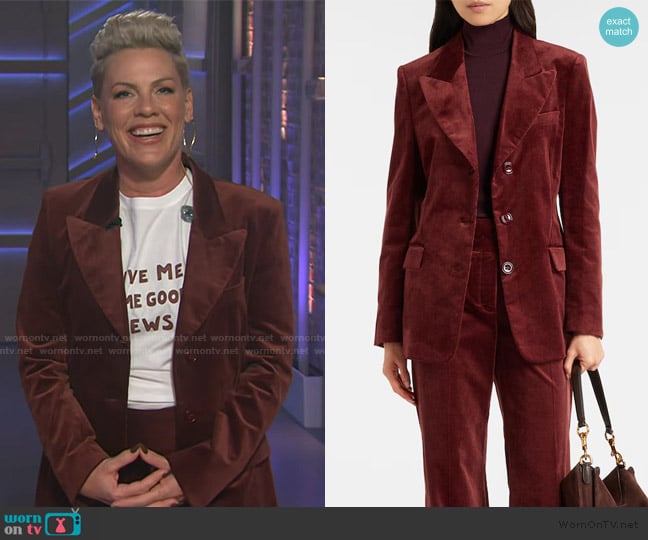 Dorothee Schumacher Twisted Structure corduroy blazer worn by Pink on The Kelly Clarkson Show