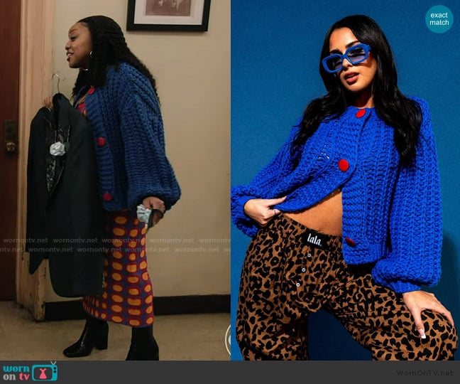 Dressed in Lala You Wish Hand Knit Chunky Cardigan in Blue worn by Janine Teagues (Quinta Brunson) on Abbott Elementary