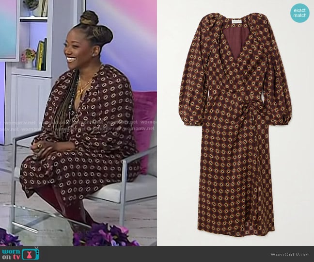 Dries Van Noten Divani Printed Silk Midi Dress in Redpat worn by Erika Alexander on Today