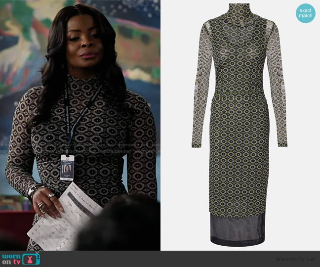 Ava’s geometric print mesh dress on Abbott Elementary Ava’s geometric print mesh dress on Abbott Elementary