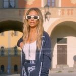 Dorit’s blue printed jacket and pants on The Real Housewives of Beverly Hills