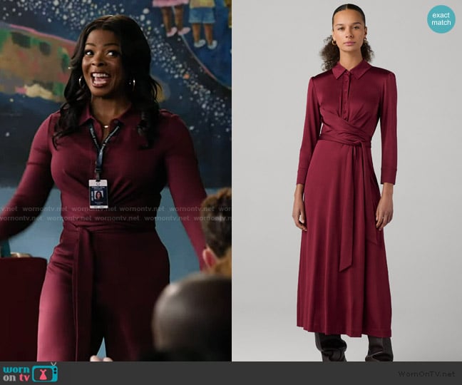 Ava’s bugundy wrap waist shirtdress on Abbott Elementary Ava’s bugundy wrap waist shirtdress on Abbott Elementary