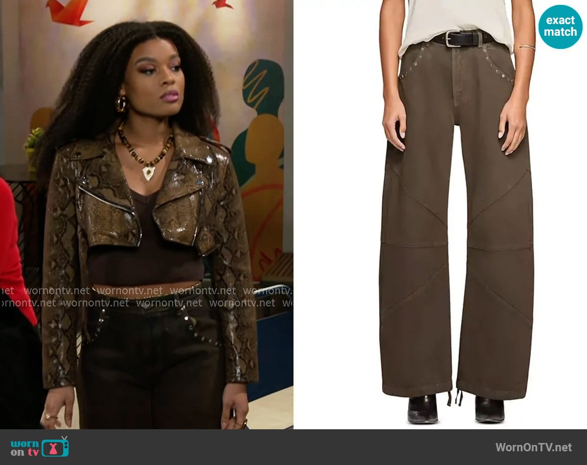 EB Denim Frederic High Rise Barrel Leg Jeans in Coated Saddle worn by Eva Thomas (Ambyr Michelle) on Beyond the Gates