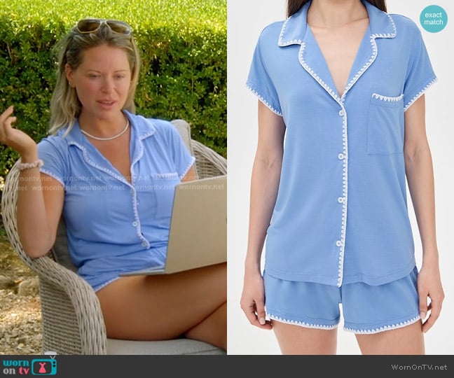 Eberjey Frida Shortie Pajama Set in Cornflower Blue/White worn by Amanda Frances on The Real Housewives of Beverly Hills
