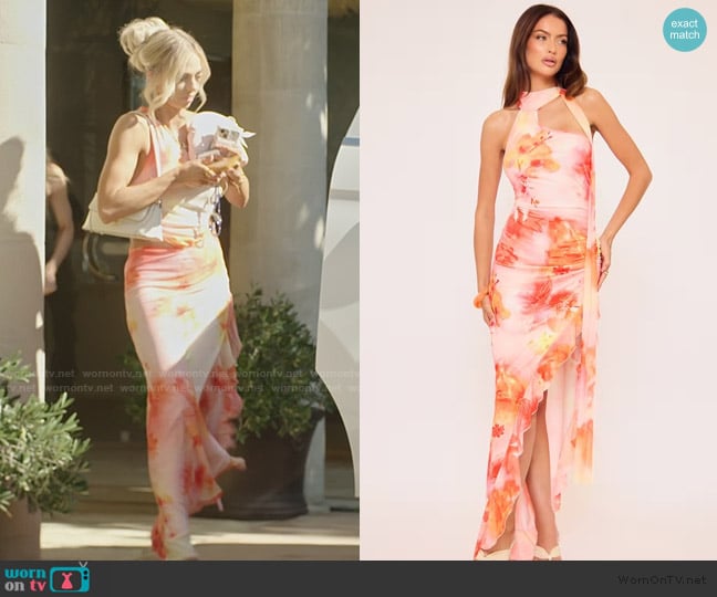 Ego One shoulder split leg detail maxi dress in pink floral print worn by Miranda McWhorter on The Secret Lives of Mormon Wives