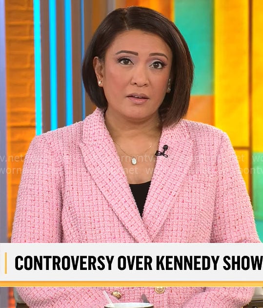 Elaine Quijano's pink tweed jacket on CBS Mornings