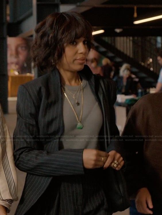 Eleanor's black pinstripe blazer on Imperfect Women