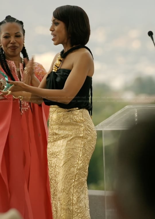 Eleanor's black top and gold metallic skirt on Imperfect Women