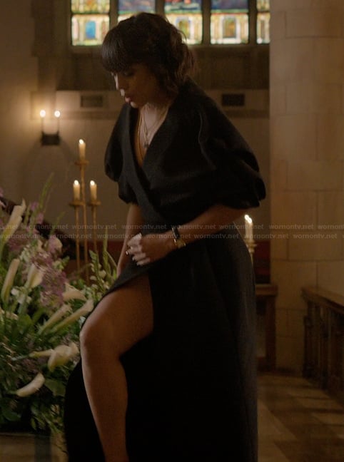 Eleanor's black wrap dress and clutch on Imperfect Women