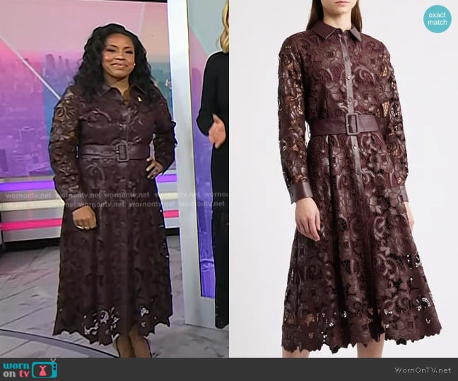 Elie Tahari Chayenne Faux Leather Lace Midi Dress in noir berry worn by Sheinelle Jones on Today