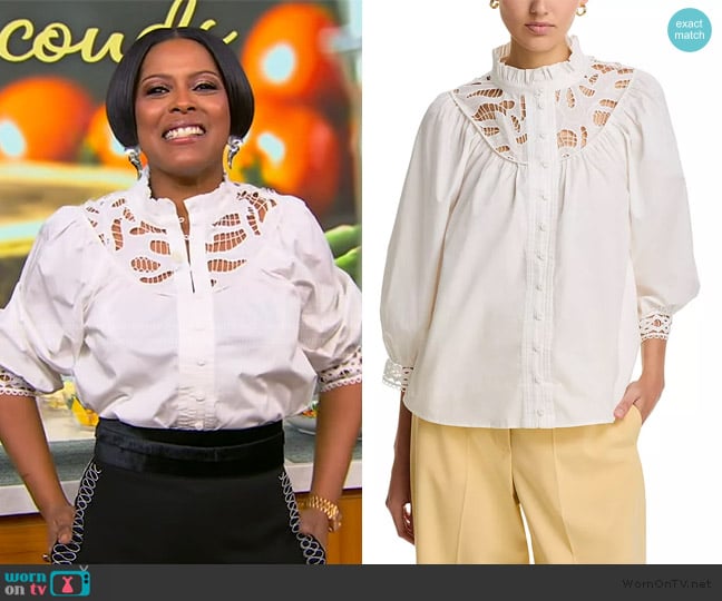 Elie Tahari The Rylan Lace Blouse worn by Tamron Hall on Tamron Hall Show