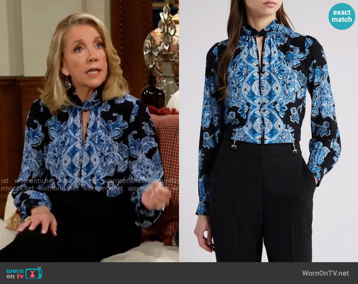 Elie Tahari The Skylar Estate Garden Print Top worn by Nikki Reed Newman (Melody Thomas-Scott) on The Young and the Restless