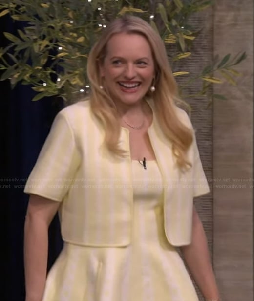 Elizabeth Moss’s yellow striped cardigan and dress on Live with Kelly and Mark